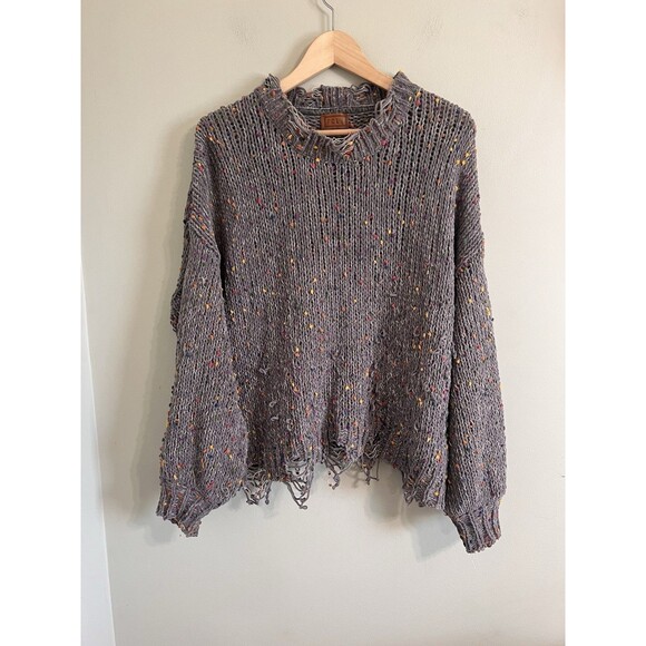 Pol Confetti Distressed Cropped Sweater Size Large Gray Long Sleeve Women's Top - Picture 2 of 8